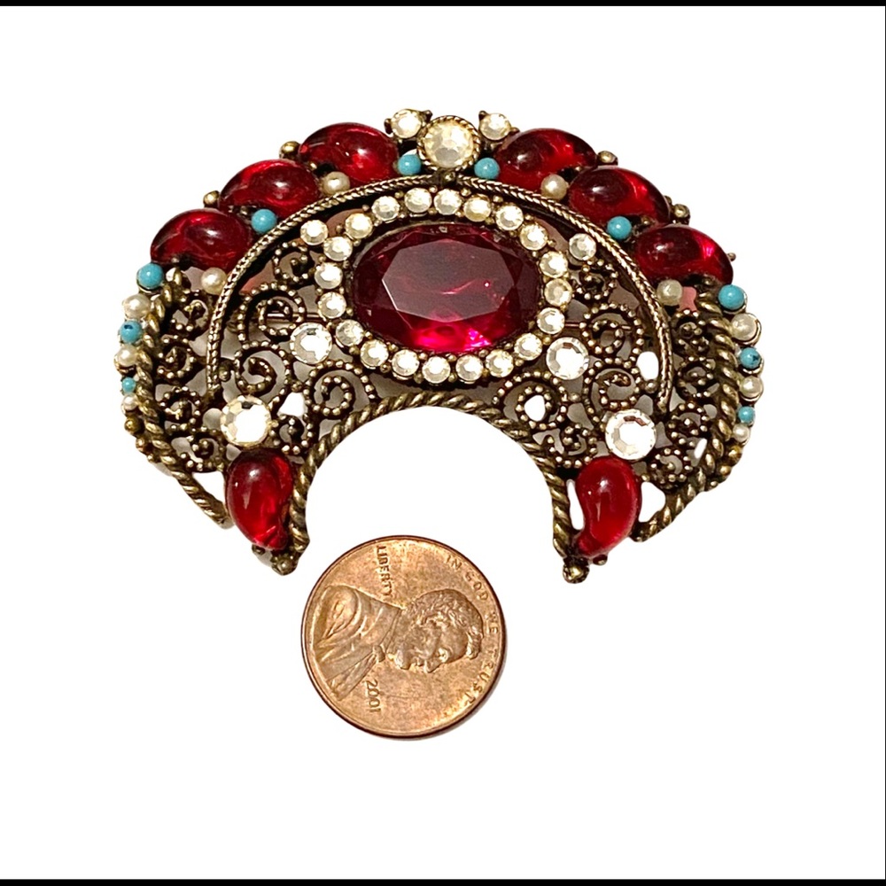 Signed Samsan Sa Crescent Brooch Ruby Turquoise R… - image 5